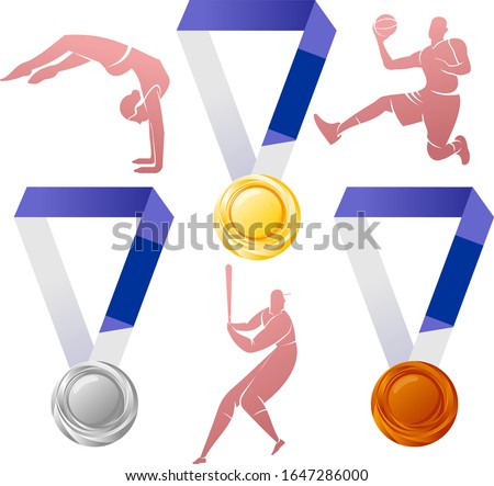 Vector illustration of gold, silver, bronze medals with silhouettes of athletes. Welcome to Japan. XXXII Summer Olympics games. Tokyo 2020. Advertisements, signs, stickers, web banners, signage