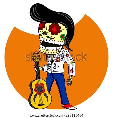 Musician with the guitar. Elvis King of Rock and Roll. Vector flat and linear Illustration of skeleton. Web banners, advertisements, brochures, business templates. Isolated on a white background.