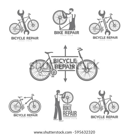 Bicycle repair workshop vector set logo template for your design. Bike repair badges, labels, banners, advertisements, brochures, business templates. Vector illustration isolated on white background