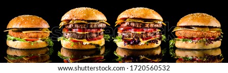 set of classic Burger isolated on black background. Fast food meal. Food collage of various burgers, vegan burger, hamburger, cheeseburger