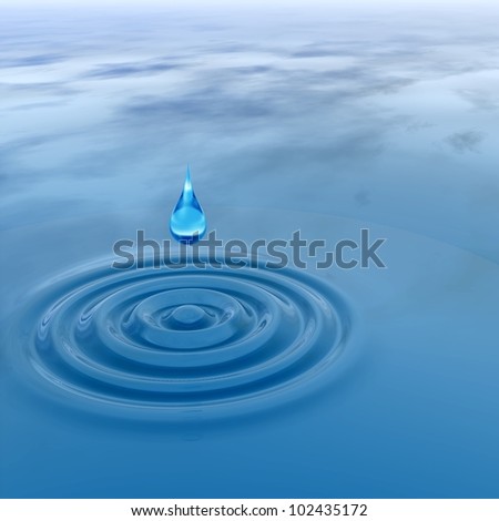 High resolution concept or conceptual blue liquid drop falling in water with ripples and waves, ideal for nature,natural,summer,spa,cool,business,environment or health design