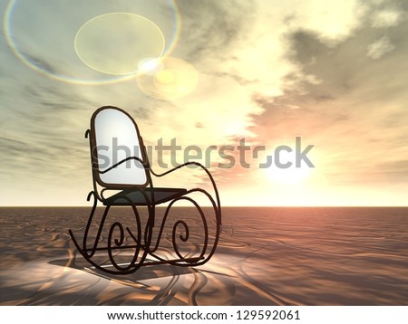 Concept or conceptual brown and white wood or wooden armchair standing in desert under a spotlight over a sky with clouds at sunset background for career,job,rest,ecology,freedom,crisis or difficulty