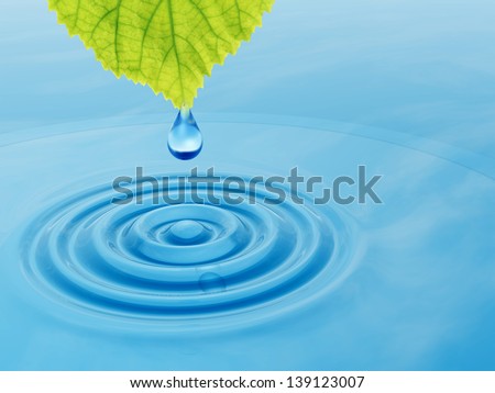 High resolution conceptual water or dew drop falling from a green fresh leaf on a blue clear water making waves. It si a concept ideal for summer,spring, nature or natural designs and also for ecology