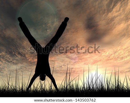 Concept or conceptual human male or young man black silhouette playing happy in summer grass over sky at sunset or sunrise background,metaphor to happiness,nature,freedom,joy,jump,fun,success or free