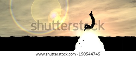 Concept or conceptual young man or businessman silhouette jump happy from cliff over  gap sunset or sunrise sky background banner