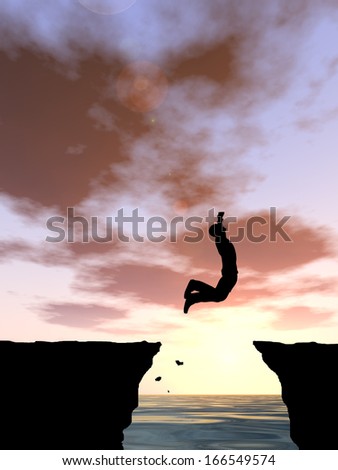 Concept or conceptual young man or businessman silhouette jump happy from cliff over water gap sunset or sunrise sky background as metaphor to freedom,nature,mountain,success,free,joy,health or risk
