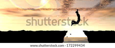 Concept or conceptual young man or businessman silhouette jump happy from cliff over water gap sunset or sunrise sky background as metaphor to freedom,nature, mountain, success,free,joy,health or risk