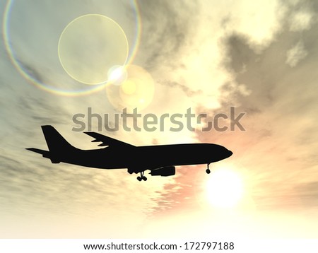 Concept or conceptual black plane, airplane or aircraft silhouette flying over sky at sunset or sunrise background,metaphor to air,travel, transportation,jet,flight,transport,business,vacation,tourism