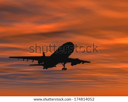 Concept or conceptual black plane, airplane or aircraft silhouette flying over sky at sunset or sunrise background, for air, travel, transportation, jet, flight, transport, business, vacation, tourism