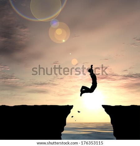 Concept or conceptual young man or businessman silhouette jump happy from cliff over water gap sunset or sunrise sky background