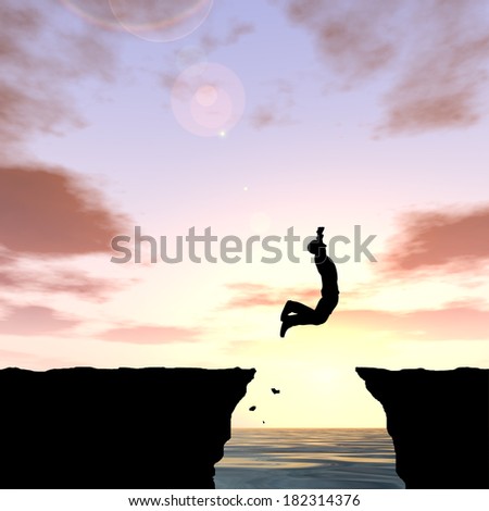Concept or conceptual young man, businessman silhouette jump happy from cliff over water gap sunset or sunrise sky background, metaphor to freedom, nature, mountain, success, free, joy, health or risk