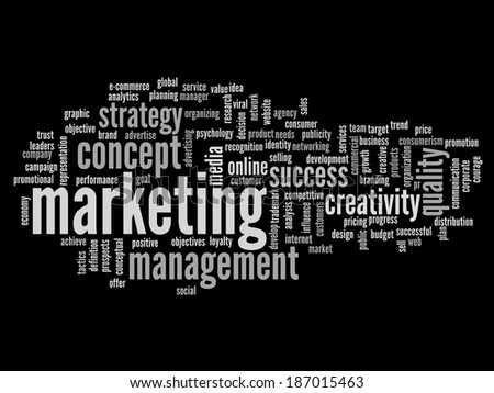 Concept or conceptual abstract word cloud on black background as metaphor for business, trend, media, focus, market, value, product, advertising or customer. Also for corporate wordcloud