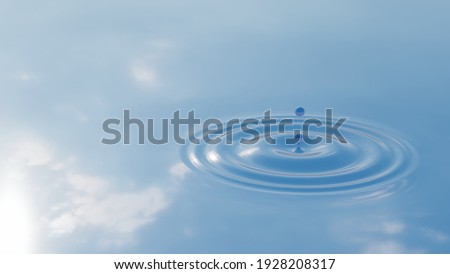 Concept or conceptual blue liquid drop falling in water on background with ripples and waves. 3d illustration metaphor for nature, natural, summer, spa, cool, business, environment, rain or health 