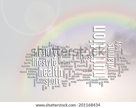 Concept or conceptual abstract word cloud, rainbow sun background as metaphor for health, nutrition, diet, wellness, body, energy, medical, fitness, medical, gym, medicine, sport, heart or science