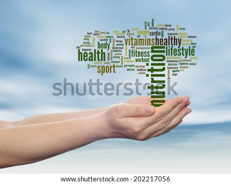 Concept or conceptual abstract word cloud man hand, blue sky background, metaphor to health, nutrition, diet, wellness, body, energy, medical, fitness, medical, gym, medicine, sport, heart or science