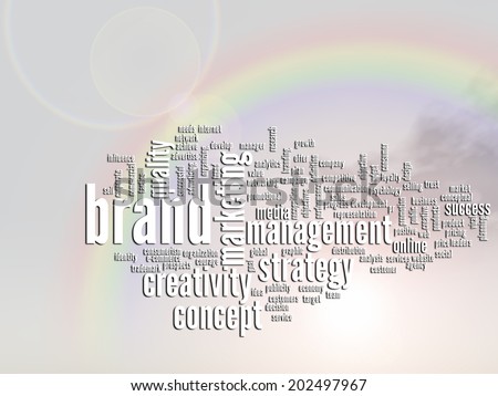 Concept or conceptual abstract word cloud, rainbow sun background, metaphor for business, trend, media, focus, market, value, marketing, product, advertising or customer. Also for corporate wordcloud