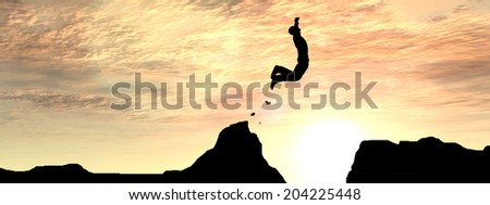 Concept or conceptual young man or businessman jump happy from cliff over  gap sunset or sunrise sky background as metaphor to freedom, nature, mountain, success, free, joy, health or risk banner