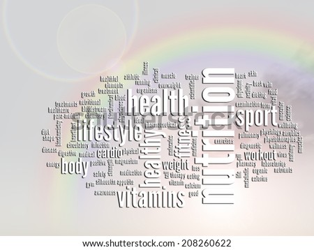 Concept or conceptual abstract word cloud, rainbow sun background as metaphor for health, nutrition, diet, wellness, body, energy, medical, fitness, medical, gym, medicine, sport, heart or science