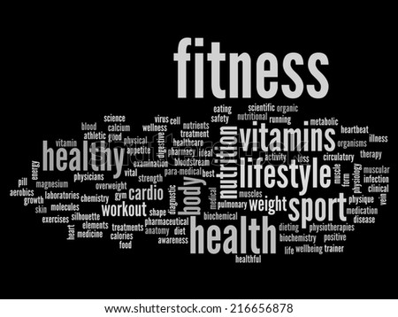 Concept or conceptual abstract word cloud on black background as metaphor for health, nutrition, diet, wellness, body, energy, medical, fitness, medical, gym, medicine, sport, heart or science
