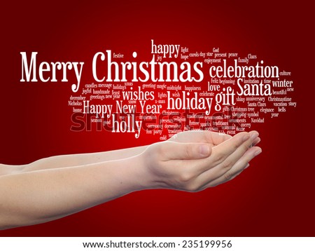 Concept or conceptual Merry Christmas holiday or Happy New Year winter abstract text in hands word cloud on red background, metaphor to celebration, Santa, festive, december, love, family, joy or home
