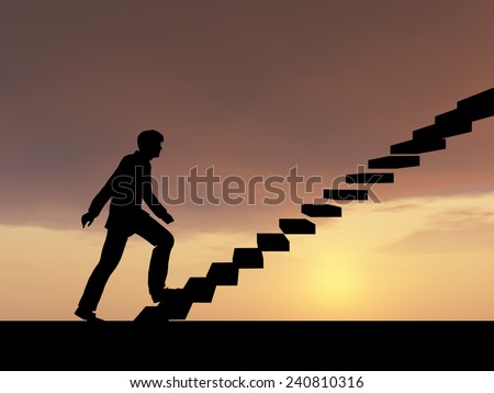 Concept conceptual 3D male businessman on stair or steps over sunset sky background, metaphor to success, climb, business, rise, achievement, growth, job, career, leadership, education, goal or future