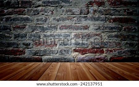 Concept or conceptual vintage or grungy brown background of natural wood or wooden old texture floor and brick wall as a retro pattern layout, metaphor to time, grunge, masonry, brickwork aged or rust