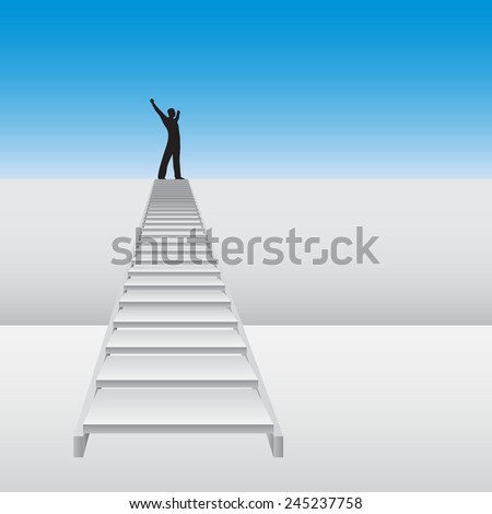 Concept or conceptual 3D white stair climbing a wall with a business happy winner man over sky background, metaphor to success, career, work, progress, rise, achievement, ambition, growth goal
