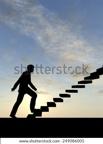 Concept conceptual 3D male businessman on stair or steps over sunset sky background, metaphor to success, climb, business, rise, achievement, growth, job, career, leadership, education, goal or future