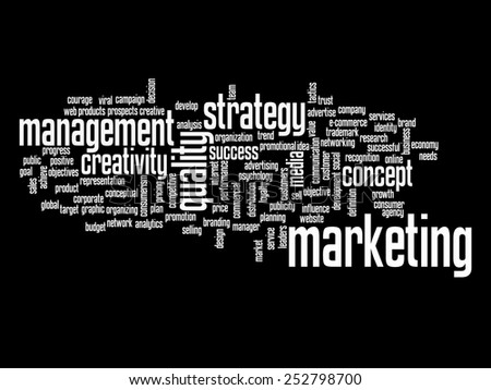 Concept or conceptual abstract word cloud on black background as metaphor for business, trend, media, focus, market, value, product, advertising or customer. Also for corporate wordcloud