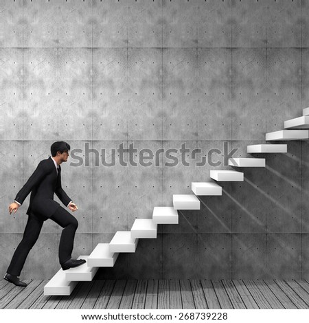 Concept or conceptual 3D male businessman on stair or steps near a wall background, metaphor to success, climb, business, rise, achievement, growth, job, career, leadership, education, goal or future