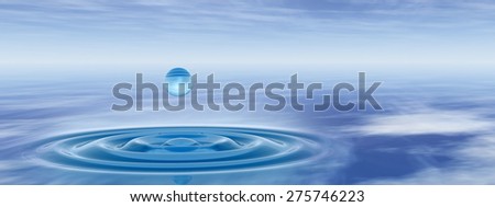 Concept or conceptual blue liquid drop falling in water with ripples and waves background banner  metaphor to nature, natural, summer, spa, drink, cool, business, environment, rain or health design