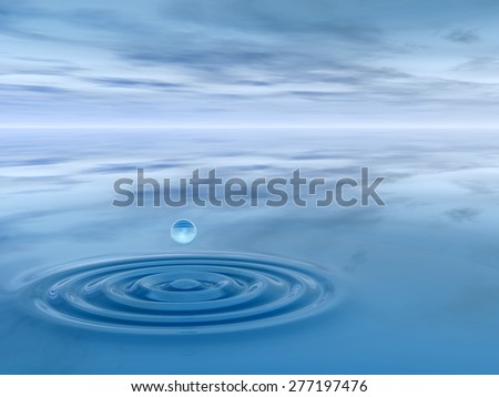 Concept or conceptual blue liquid drop falling in water with ripples and waves background  metaphor to nature, natural, summer, spa, drink, cool, business, environment, rain or health design