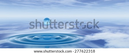 Concept or conceptual blue liquid drop falling in water with ripples and waves background banner  metaphor to nature, natural, summer, spa, drink, cool, business, environment, rain or health design