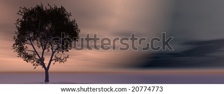 horizontal banner with a tree on horizon against a strange sky at night