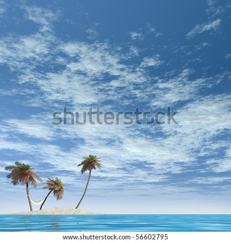 High resolution conceptual island with palm trees and a hammock in blue sea water with a blue sky