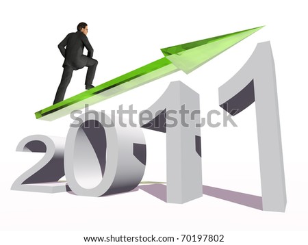 High resolution conceptual 2011 year as a graphic with a 3D businessman surfing on the arrow. The man is a render of a virtual 3D model.