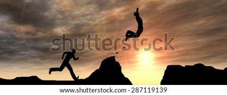 Concept or conceptual young 3D man or businessman silhouette jump happy from cliff over  gap sunset or sunrise sky background as metaphor to freedom, nature, mountain, success, free, joy, health risk
