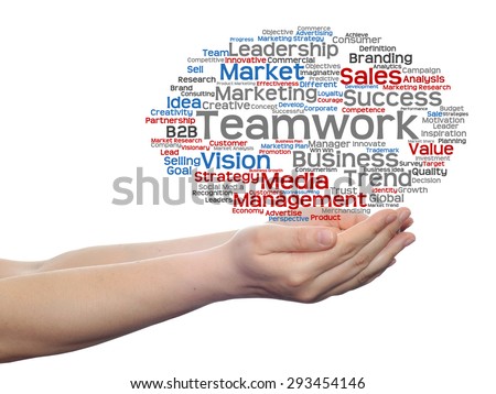 Concept or conceptual abstract word cloud or wordcloud in man or woman hand on white background, metaphor to  business, trend, media, focus, market, value, product, advertising, customer or  corporate