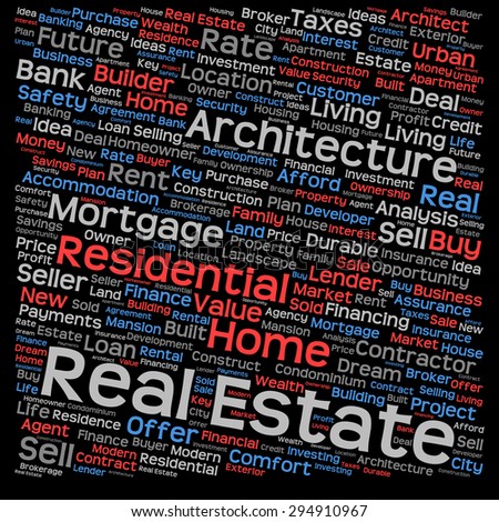 Concept or conceptual real estate or housing text word cloud tagcloud isolated on black background, metaphor to investment, family, home, building, sale, residential, property, construction business