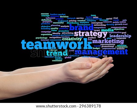 Concept or conceptual abstract word cloud or wordcloud in man or woman hand on black background, metaphor to  business, trend, media, focus, market, value, product, advertising, customer or  corporate