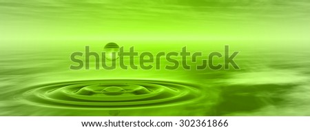 Concept or conceptual green liquid drop falling in water with ripples and waves background banner metaphor to nature, natural, summer, spa, drink, cool, business, environment, rain or health design