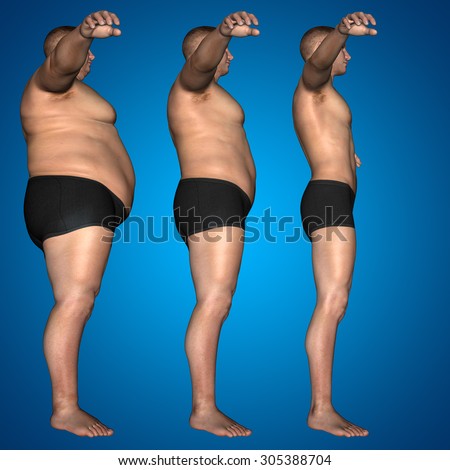 Concept, conceptual 3D fat overweight vs slim fit diet with muscles young man blue gradient background metaphor for weight loss, body, fitness, fatness, obesity, health, healthy, male, dieting, shape