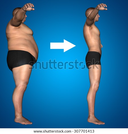 Concept or conceptual 3D fat overweight vs slim fit diet with muscles young man blue gradient background metaphor weight loss, body, fitness, fatness, obesity, health, healthy, male, dieting, shape