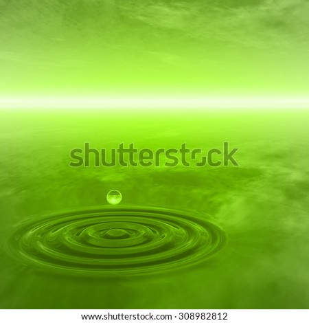 Concept or conceptual green liquid drop falling in water with ripples and waves background, metaphor to nature, natural, summer, spa, drink, cool, business, environment, rain or health design