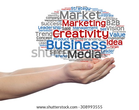 Concept or conceptual abstract word cloud or wordcloud in man or woman hand on white background, metaphor to  business, trend, media, focus, market, value, product, advertising, customer or  corporate