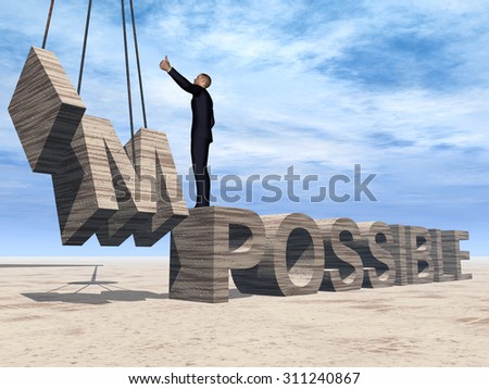 Concept conceptual 3D business man standing over abstract stone impossible text on sky background, metaphor to success, career, work, job, achievement, development, growth, progress, vision, possible