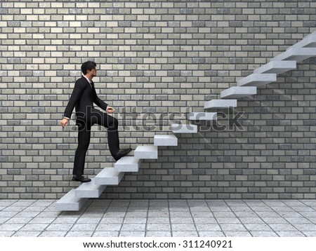 Concept or conceptual 3D male businessman on stair or steps near a wall background, metaphor to success, climb, business, rise, achievement, growth, job, career, leadership, education, goal or future