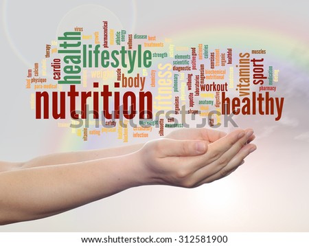 Conceptual abstract health word cloud man hand, rainbow sky background metaphor to health, nutrition, diet, wellness, body, energy, medical, fitness, medical, gym, medicine, sport, heart or science