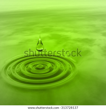 Concept or conceptual green liquid drop falling in water with ripples and waves background metaphor to nature, natural, summer, spa, drink, cool, business, environment, rain or health design