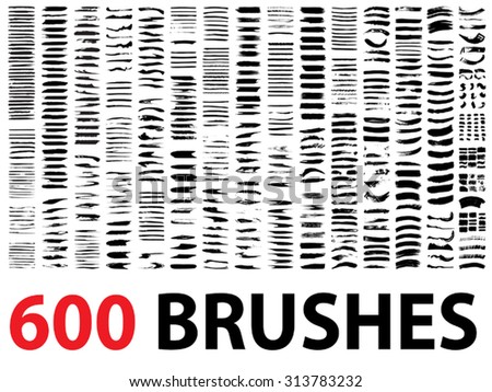 Vector very large collection or set of 600 artistic black paint hand made creative brush strokes isolated on white background, metaphor to art, grunge or grungy, graffiti, education or abstract design